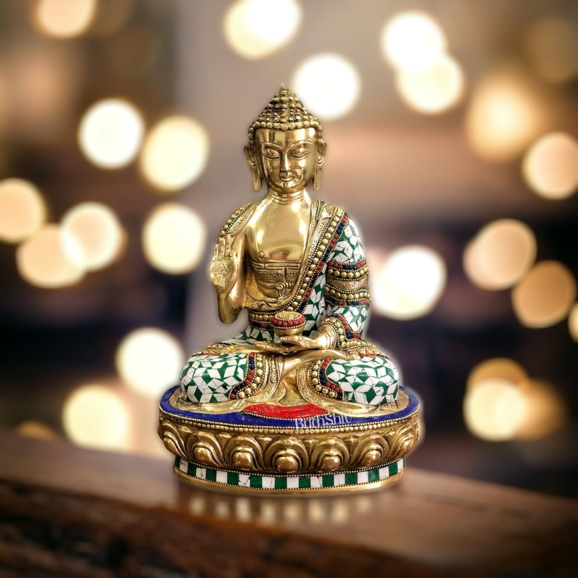 Beautiful Brass Buddha Statue with Stonework | 12" Tall