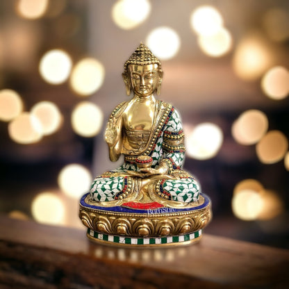 Beautiful Brass Buddha Statue with Stonework | 12" Tall