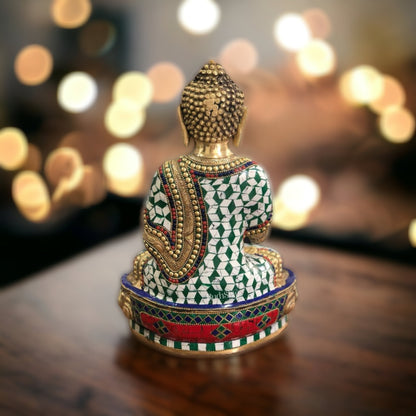 Beautiful Brass Buddha Statue with Stonework | 12" Tall