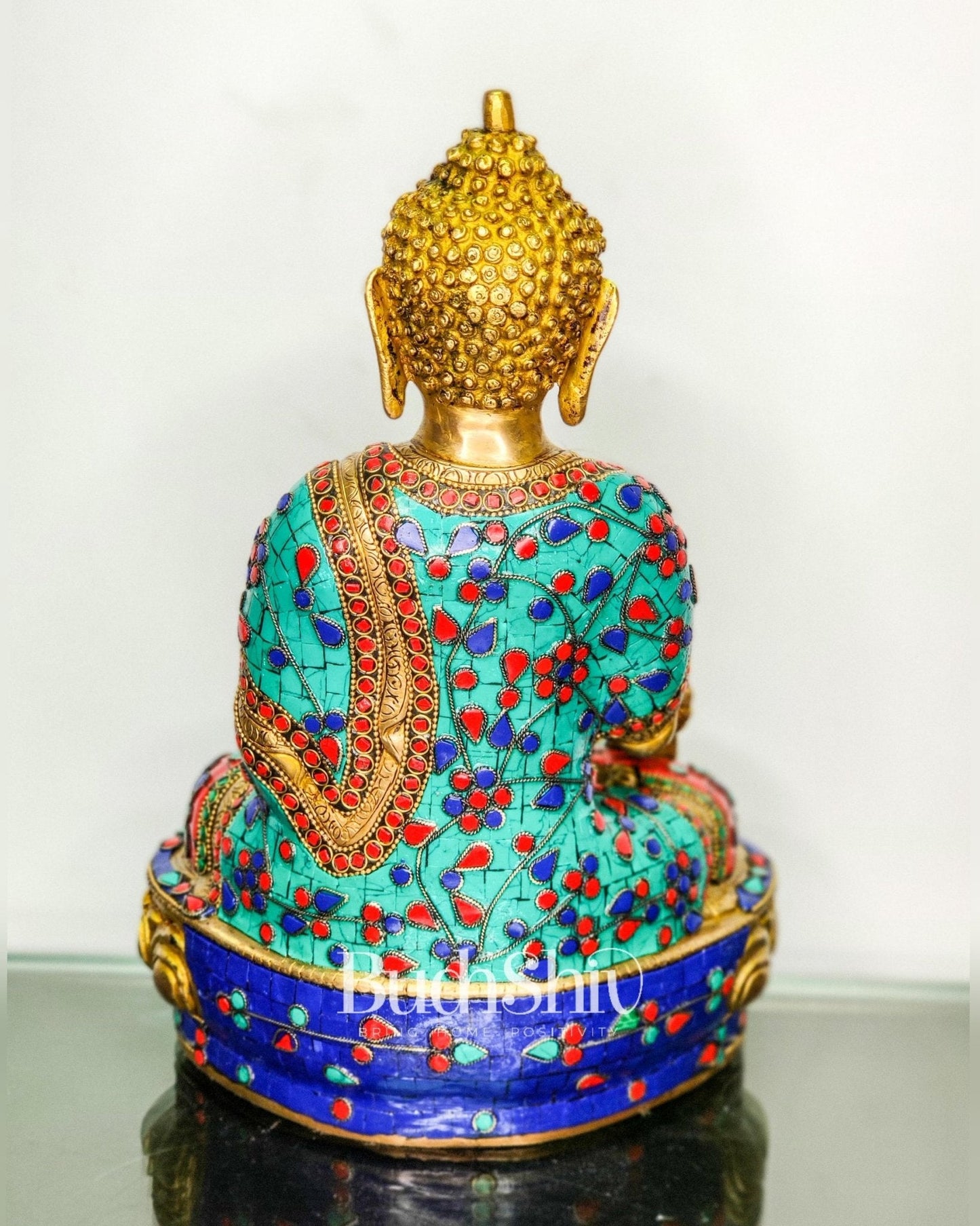 Beautiful Brass Buddha Statue with Stonework | Varada Mudra | 12 inches Height