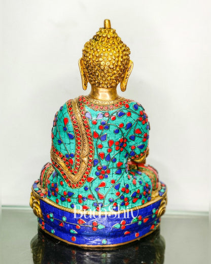 Beautiful Brass Buddha Statue with Stonework | Varada Mudra | 12 inches Height