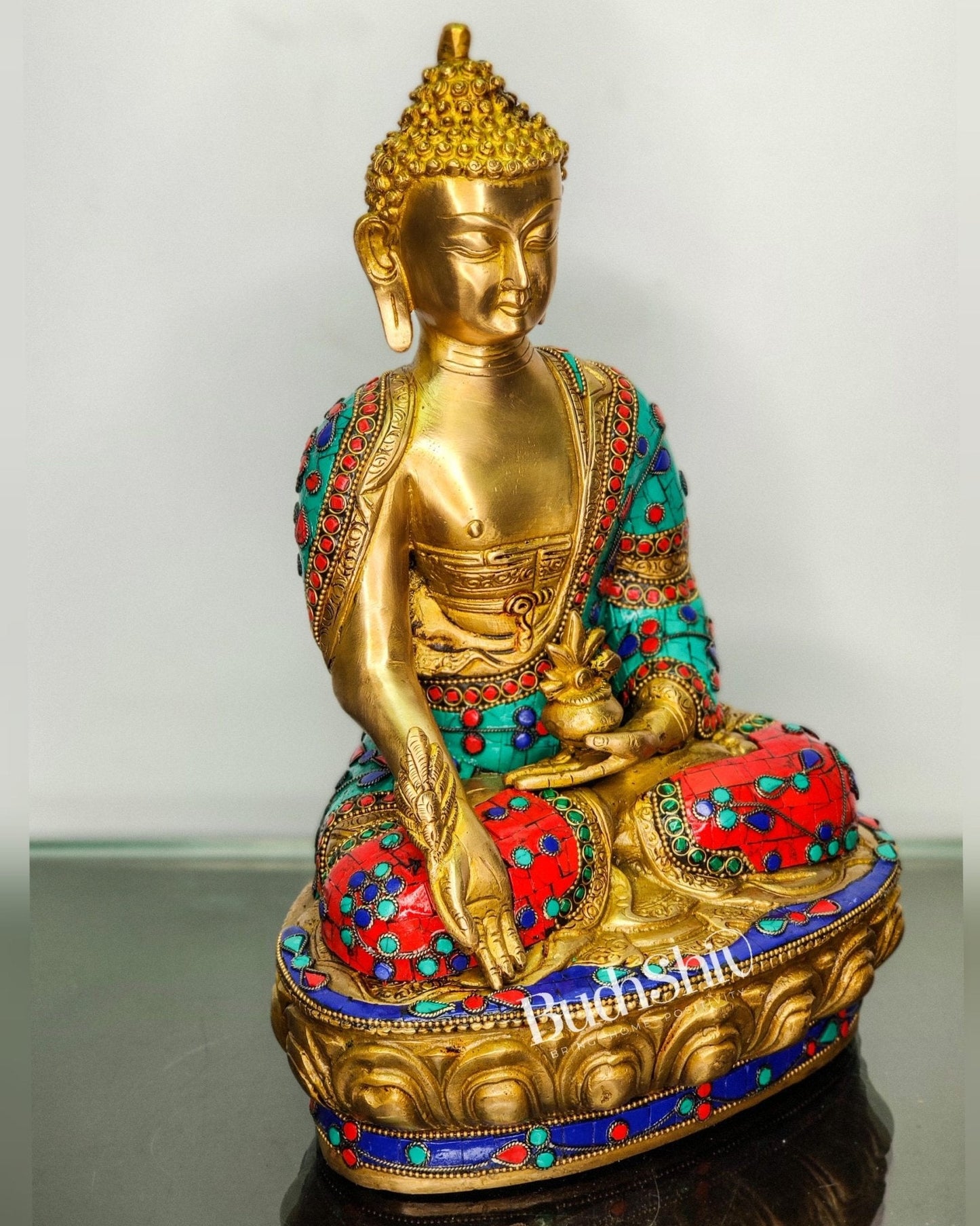 Beautiful Brass Buddha Statue with Stonework | Varada Mudra | 12 inches Height