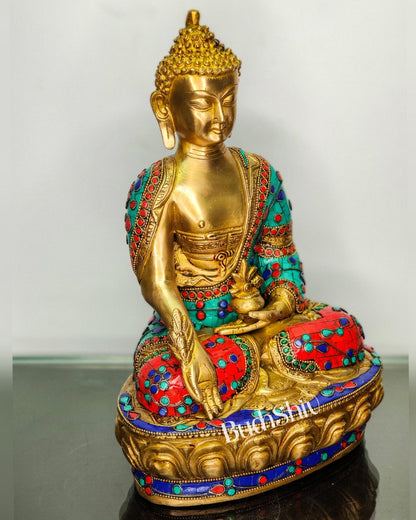 Beautiful Brass Buddha Statue with Stonework | Varada Mudra | 12 inches Height