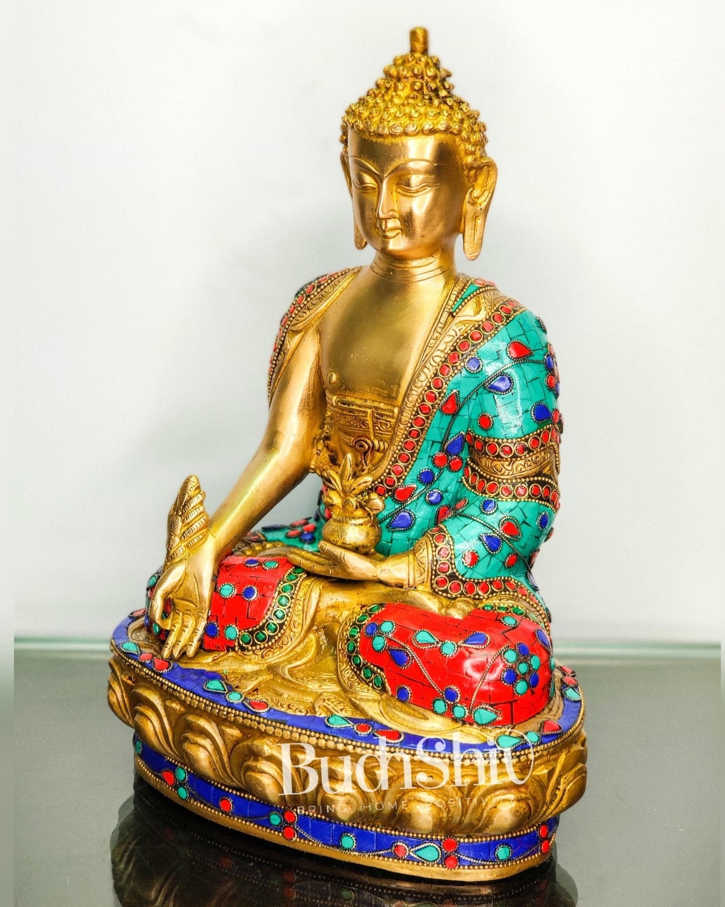 Beautiful Brass Buddha Statue with Stonework | Varada Mudra | 12 inches Height