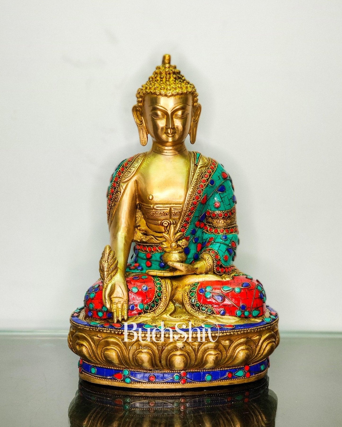 Beautiful Brass Buddha Statue with Stonework | Varada Mudra | 12 inches Height