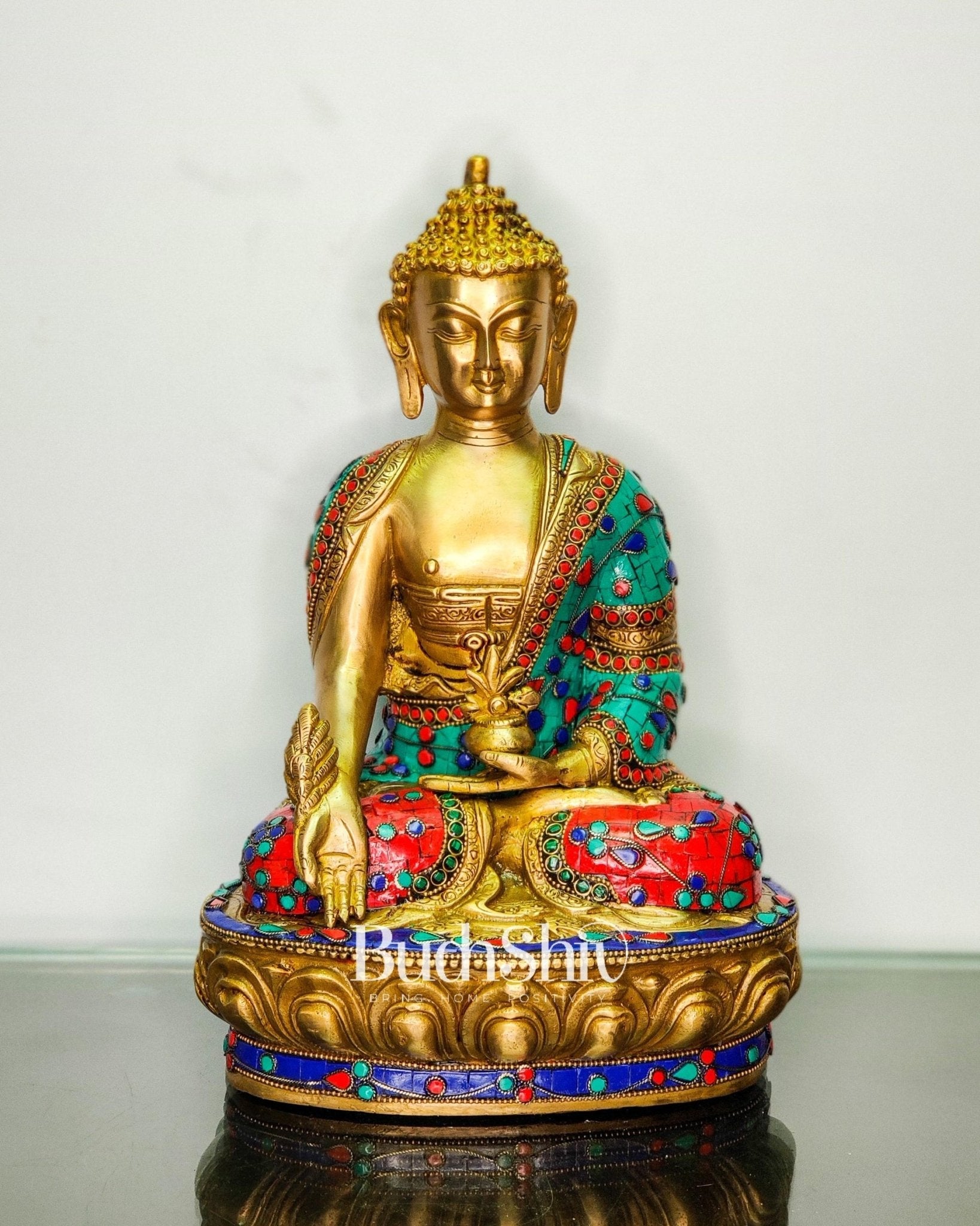 Beautiful Brass Buddha Statue with Stonework | Varada Mudra | 12 inches Height