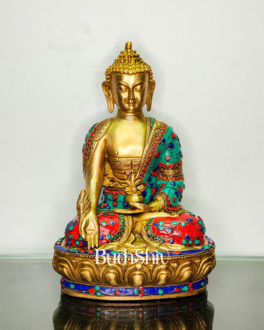 Beautiful Brass Buddha Statue with Stonework | Varada Mudra | 12 inches Height