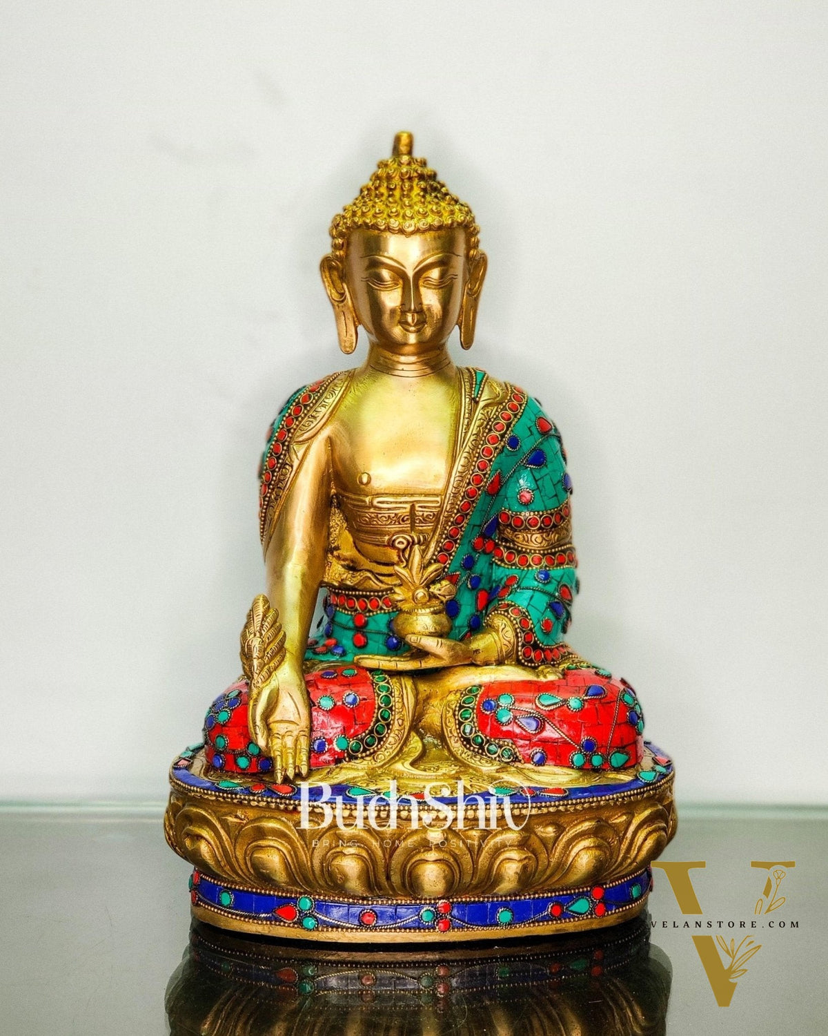 Beautiful Brass Buddha Statue with Stonework | Varada Mudra | 12 inches Height