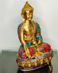 Beautiful Brass Buddha Statue with Stonework | Varada Mudra | 12 inches Height