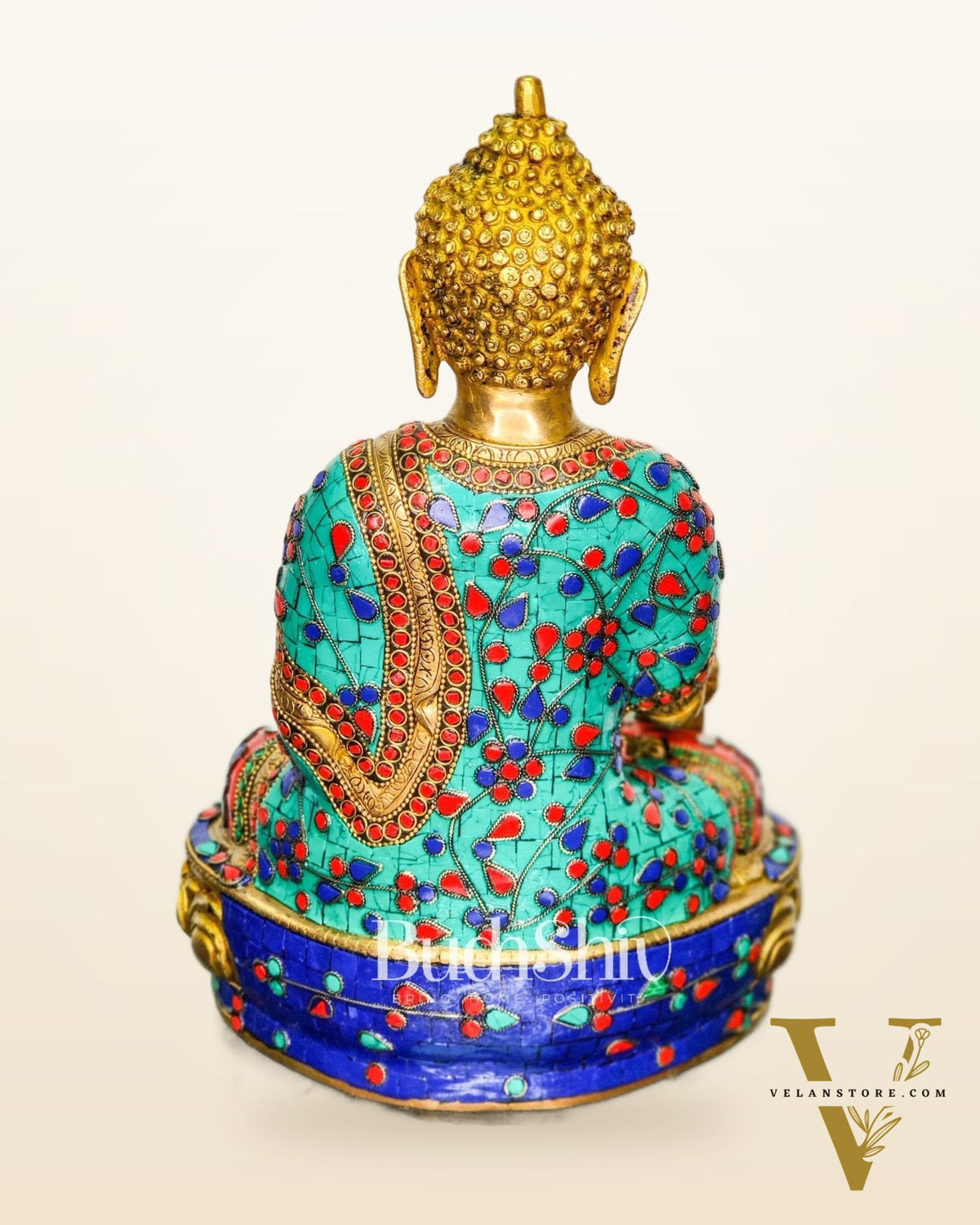 Beautiful Brass Buddha Statue with Stonework | Varada Mudra | 12 inches Height