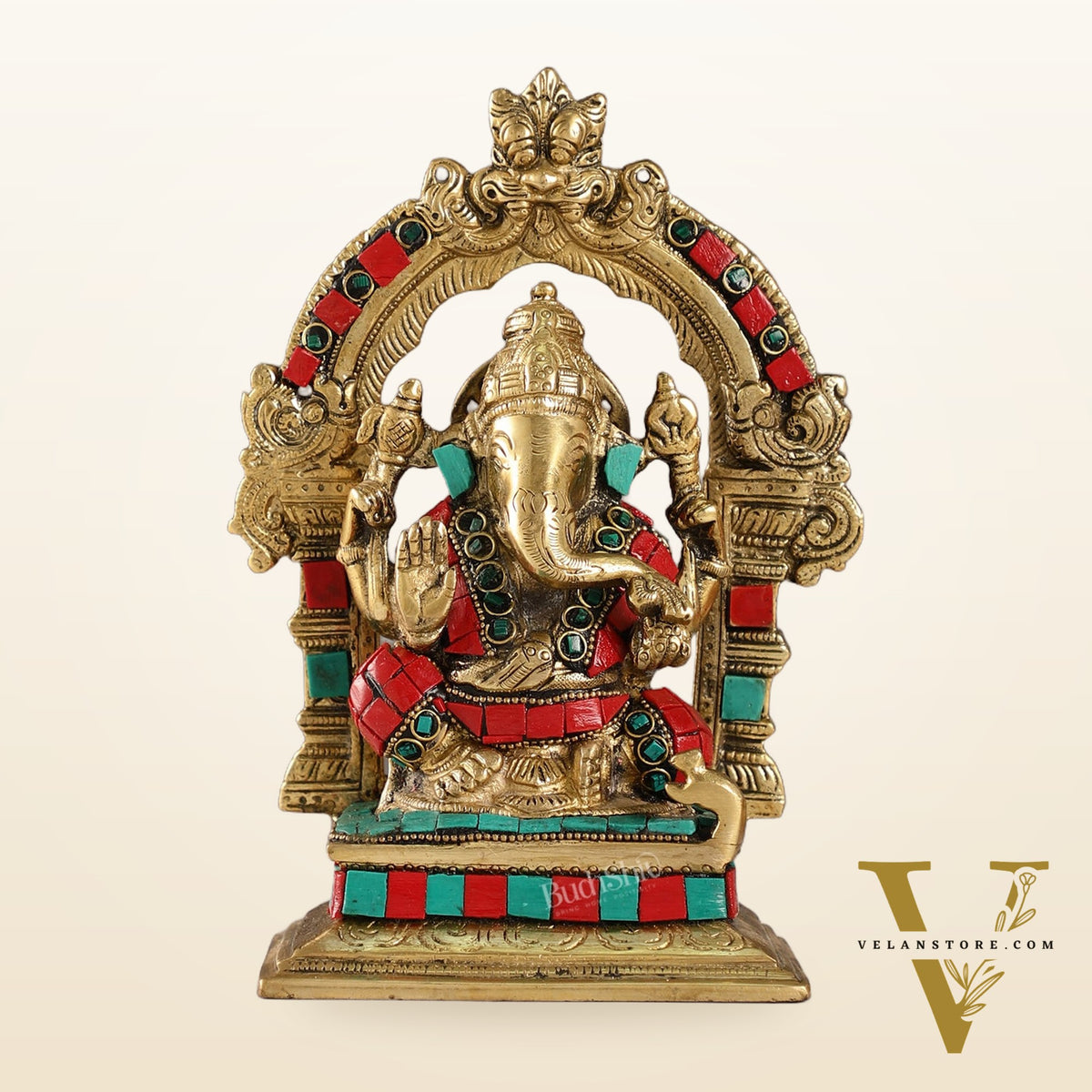 Beautiful Brass Ganesha Statue with Attached Prabhavali and Stonework - 7"