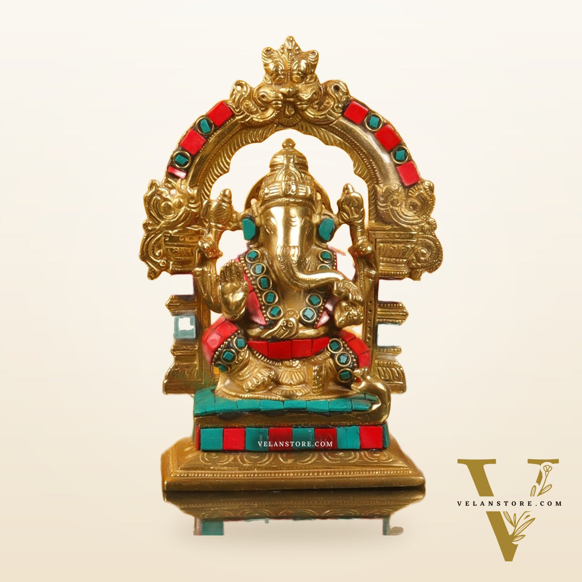 Beautiful Brass Ganesha Statue with Attached Prabhavali and Stonework - 7" Height
