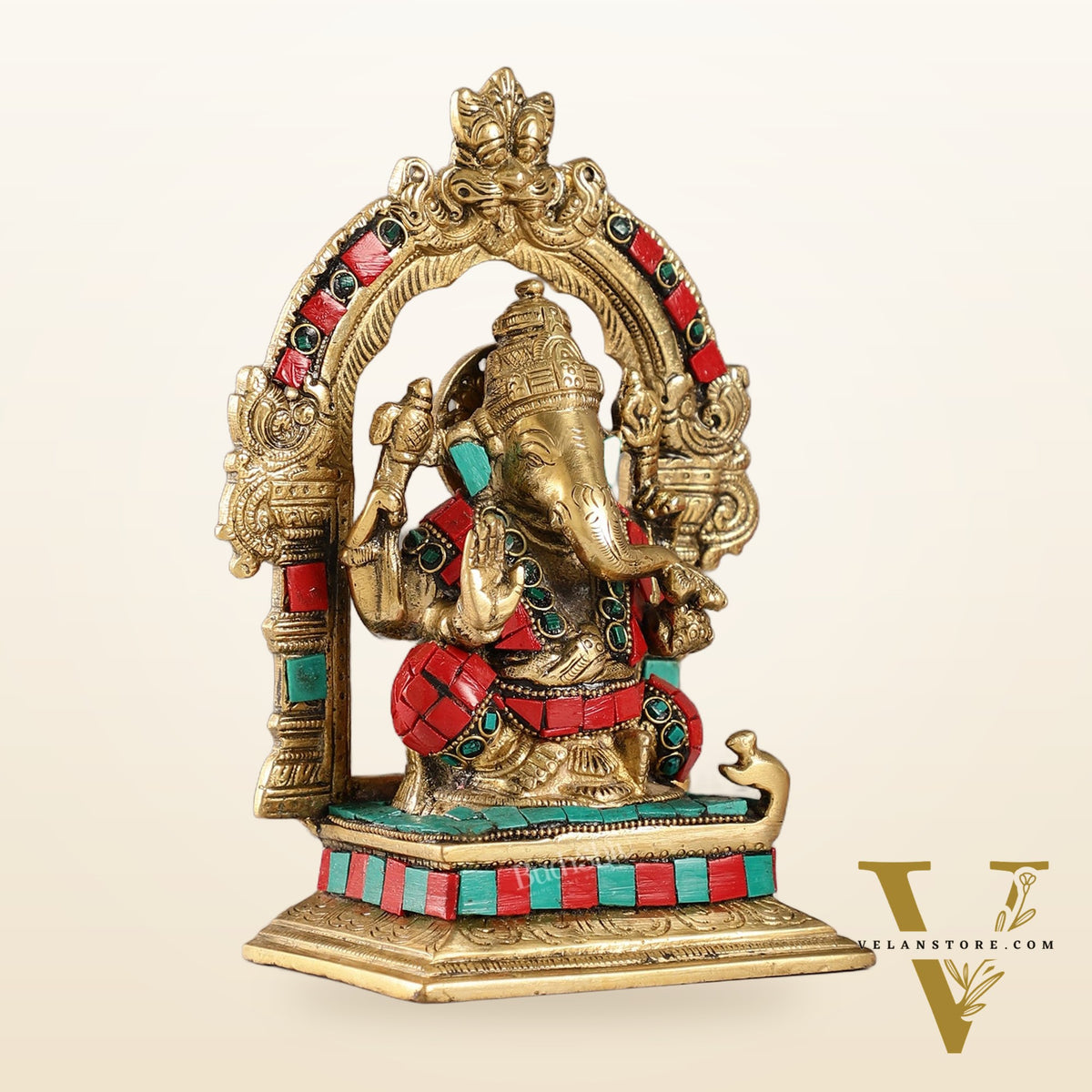 Beautiful Brass Ganesha Statue with Attached Prabhavali and Stonework - 7"
