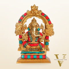Beautiful Brass Ganesha Statue with Attached Prabhavali and Stonework - 7" Height