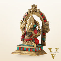 Beautiful Brass Ganesha Statue with Attached Prabhavali and Stonework - 7"