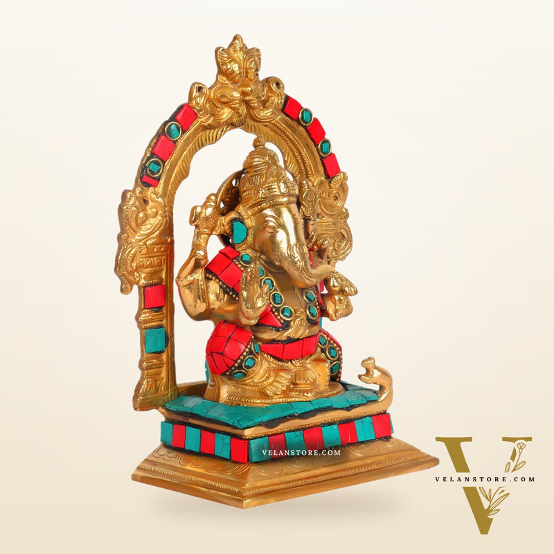 Beautiful Brass Ganesha Statue with Attached Prabhavali and Stonework - 7" Height