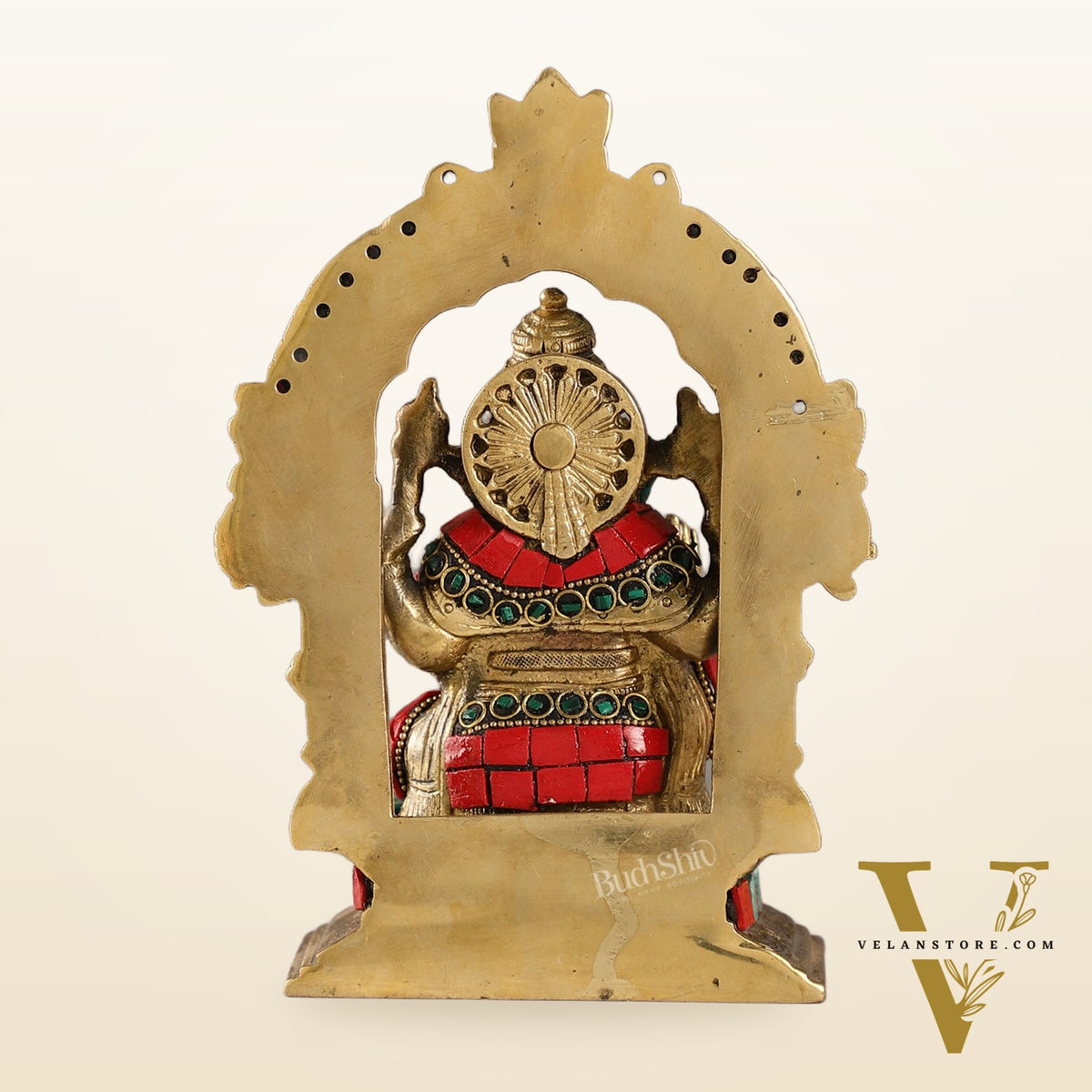 Beautiful Brass Ganesha Statue with Attached Prabhavali and Stonework - 7"