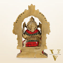 Beautiful Brass Ganesha Statue with Attached Prabhavali and Stonework - 7"