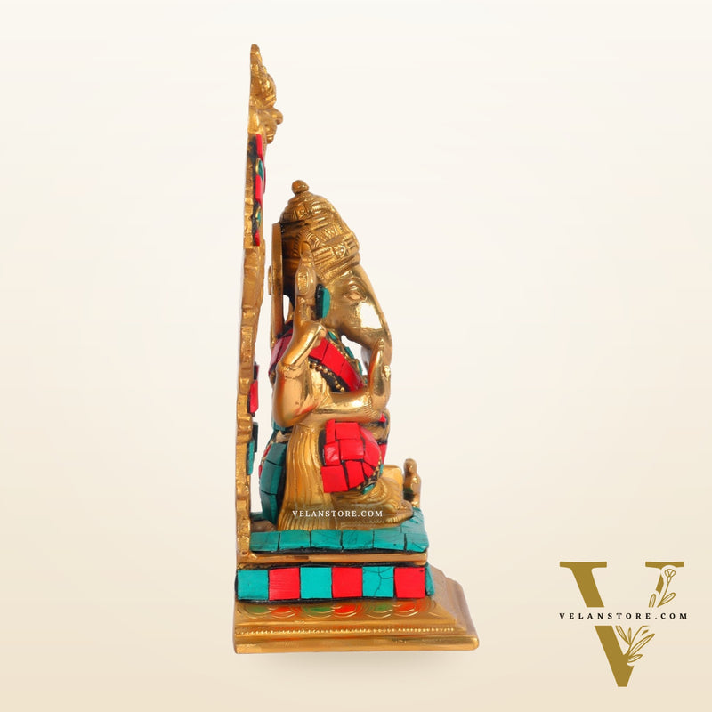 Beautiful Brass Ganesha Statue with Attached Prabhavali and Stonework - 7" Height