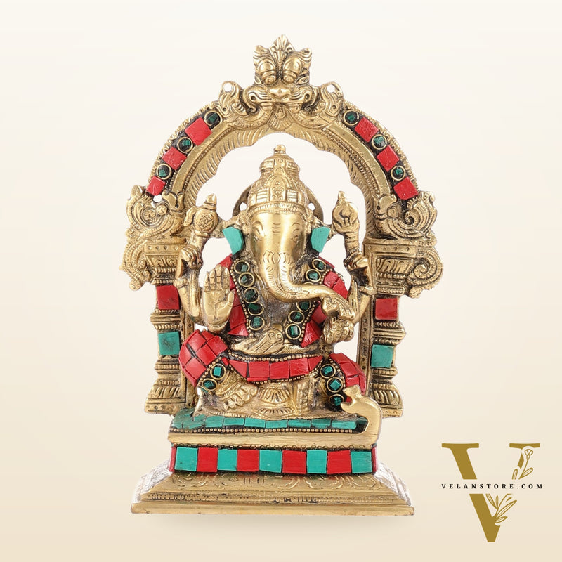 Beautiful Brass Ganesha Statue with Attached Prabhavali and Stonework - 7"