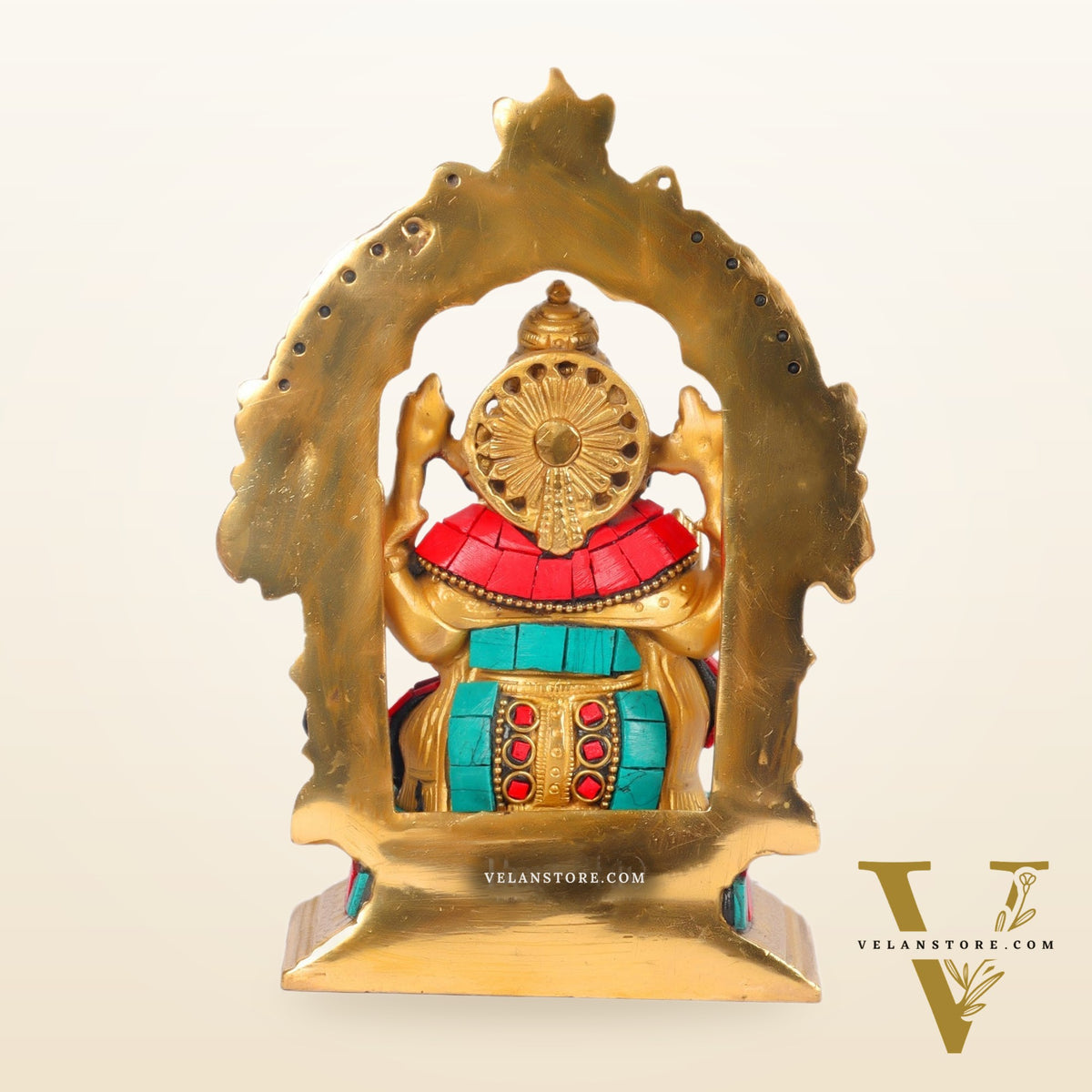 Beautiful Brass Ganesha Statue with Attached Prabhavali and Stonework - 7" Height