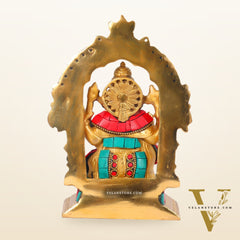 Beautiful Brass Ganesha Statue with Attached Prabhavali and Stonework - 7" Height