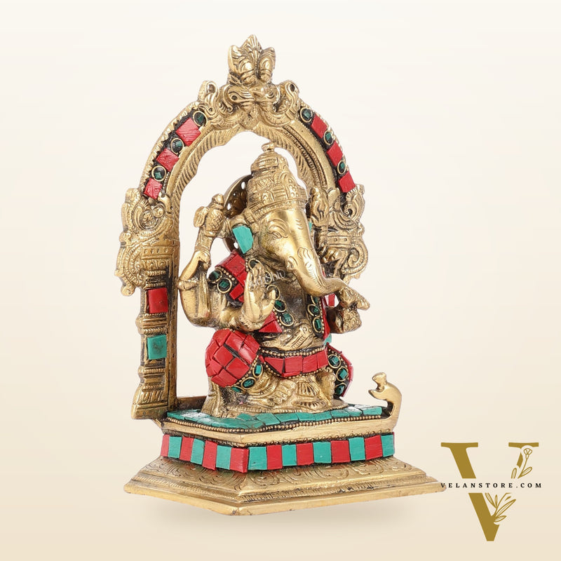 Beautiful Brass Ganesha Statue with Attached Prabhavali and Stonework - 7"