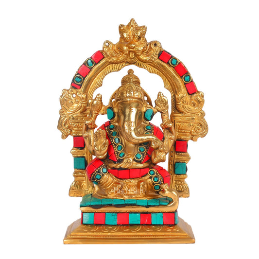 Beautiful Brass Ganesha Statue with Attached Prabhavali and Stonework - 7" Height