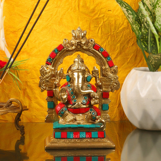 Beautiful Brass Ganesha Statue with Attached Prabhavali and Stonework - 7" Height