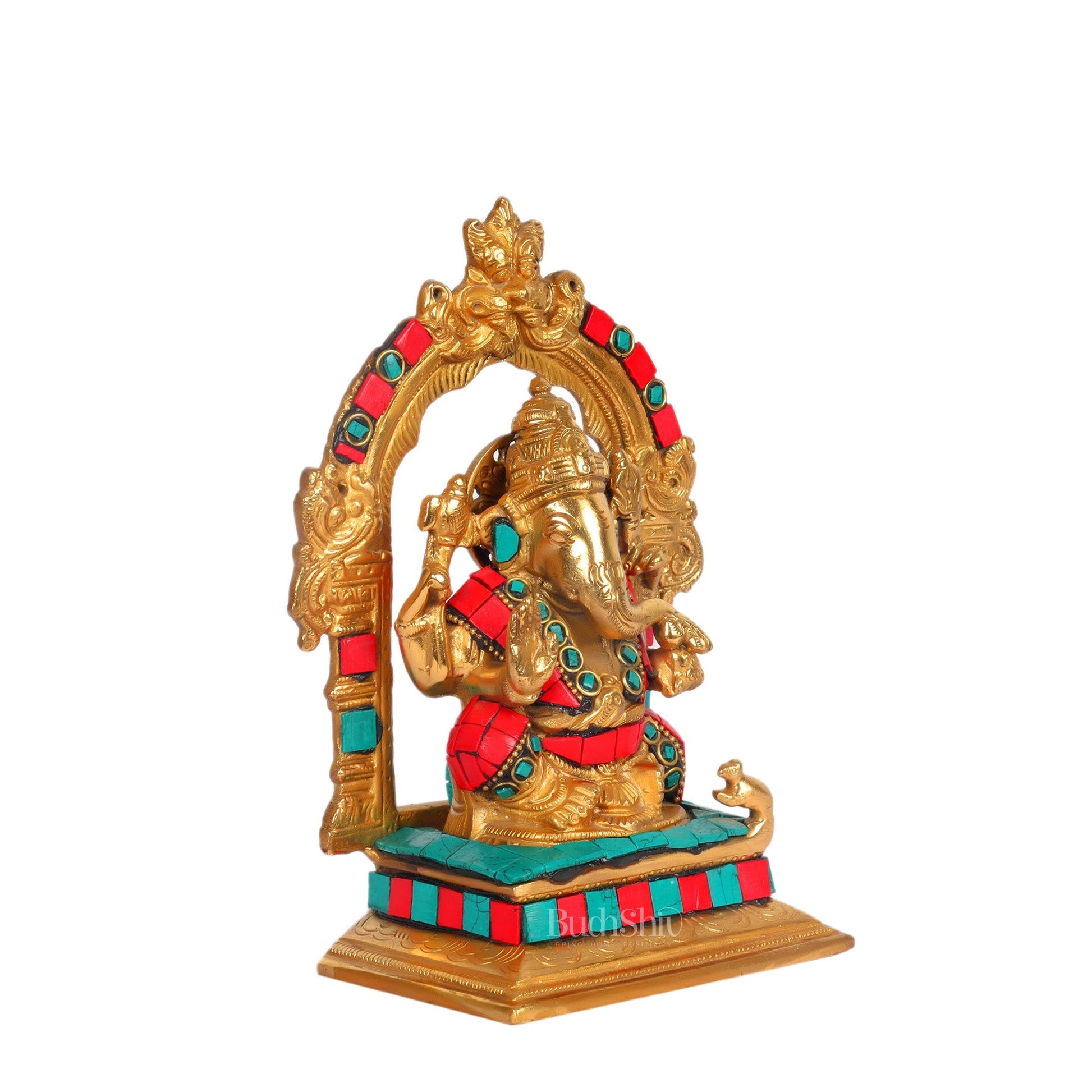 Beautiful Brass Ganesha Statue with Attached Prabhavali and Stonework - 7" Height
