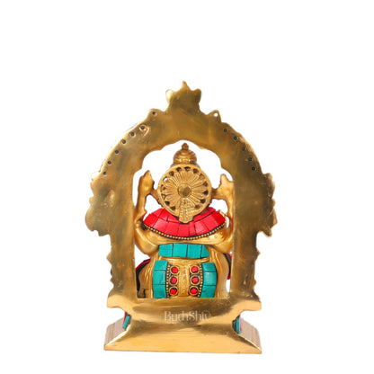 Beautiful Brass Ganesha Statue with Attached Prabhavali and Stonework - 7" Height