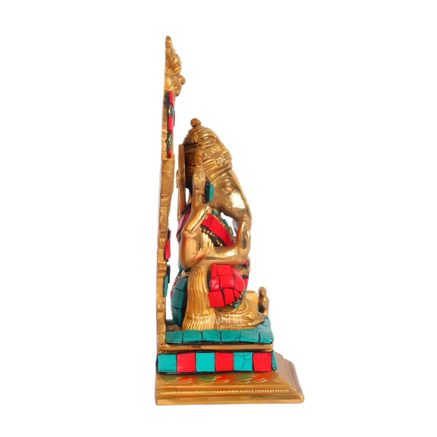 Beautiful Brass Ganesha Statue with Attached Prabhavali and Stonework - 7" Height
