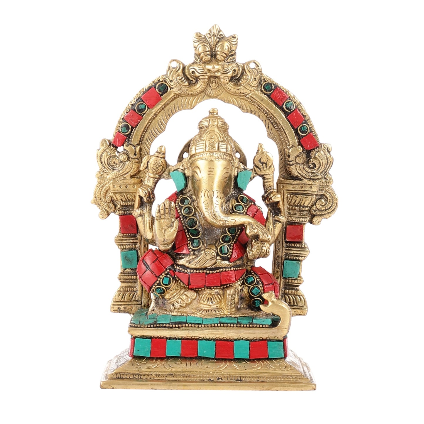 Beautiful Brass Ganesha Statue with Attached Prabhavali and Stonework - 7"
