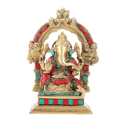 Beautiful Brass Ganesha Statue with Attached Prabhavali and Stonework - 7"