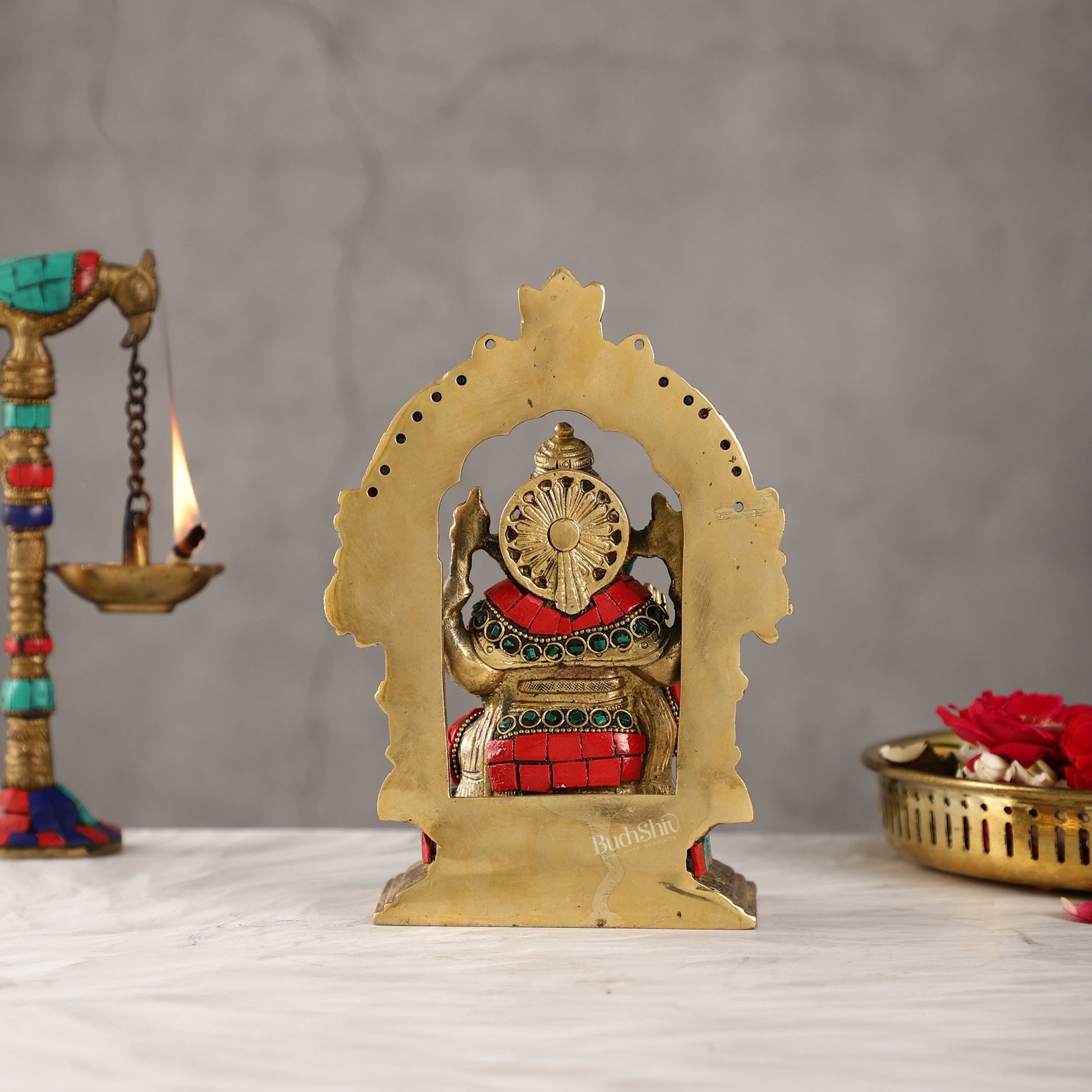 Beautiful Brass Ganesha Statue with Attached Prabhavali and Stonework - 7"