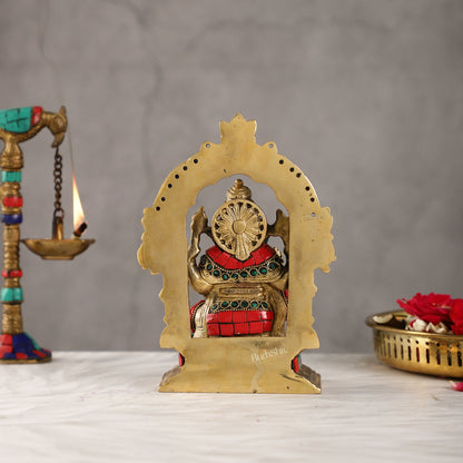 Beautiful Brass Ganesha Statue with Attached Prabhavali and Stonework - 7"