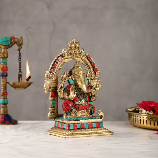 Beautiful Brass Ganesha Statue with Attached Prabhavali and Stonework - 7"