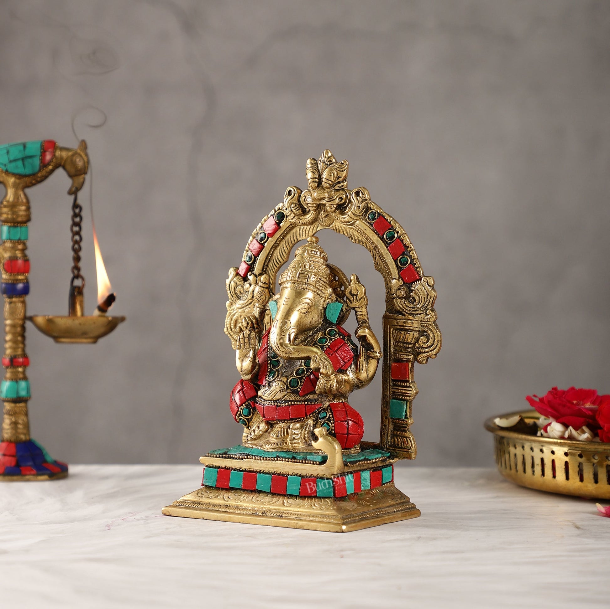 Beautiful Brass Ganesha Statue with Attached Prabhavali and Stonework - 7"