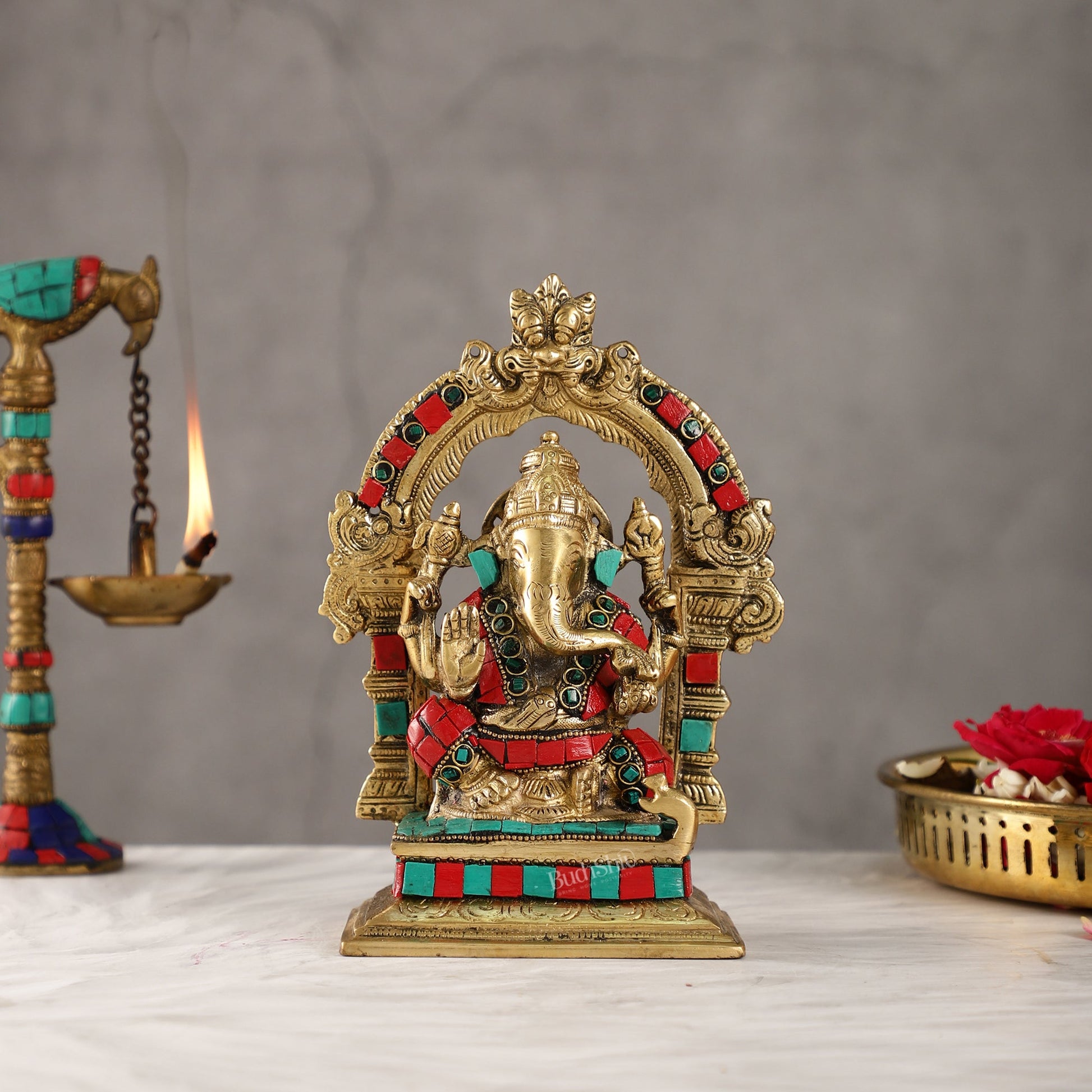 Beautiful Brass Ganesha Statue with Attached Prabhavali and Stonework - 7"