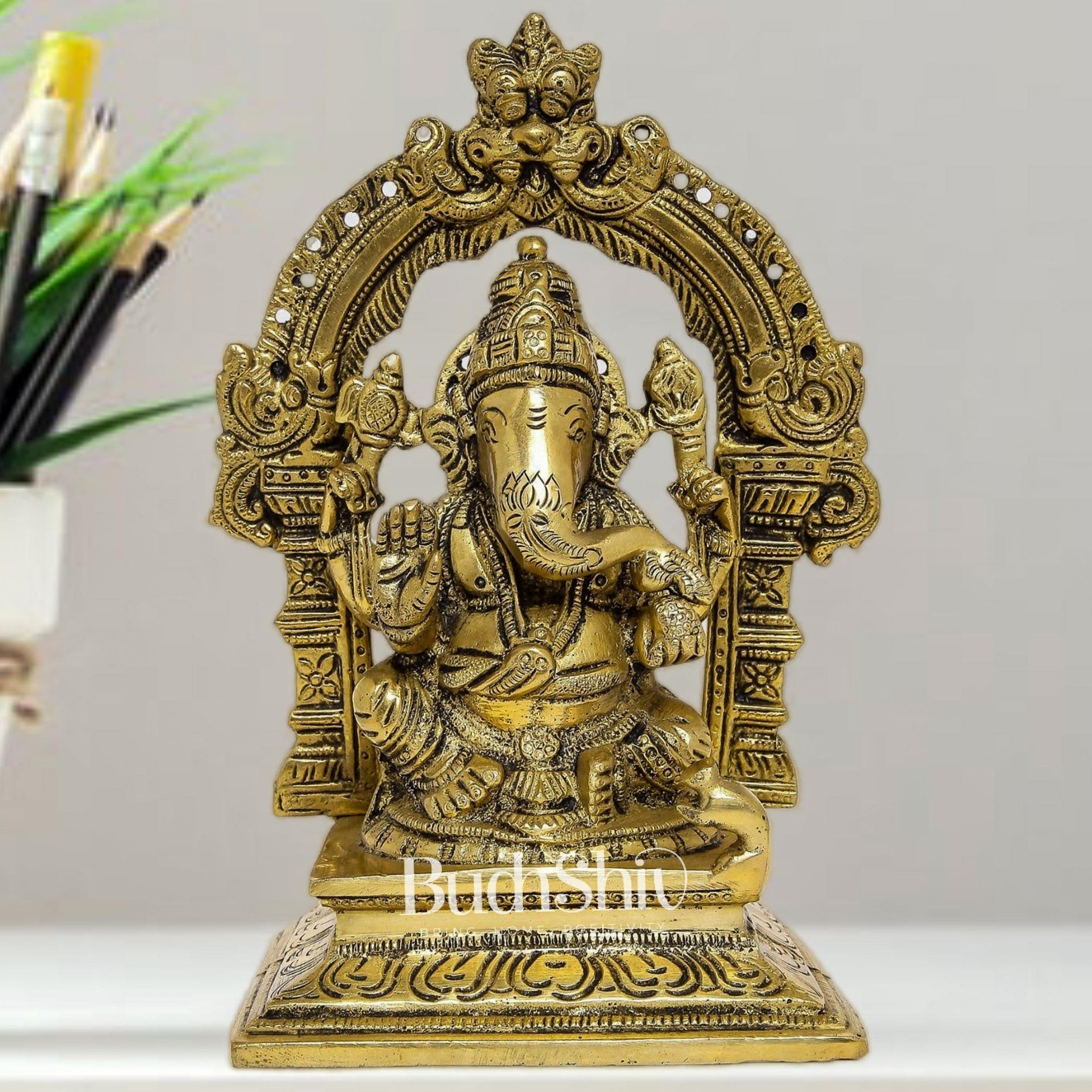 Beautiful Brass Ganesha Statue with Prabhavali - Divine Seated Idol 7"