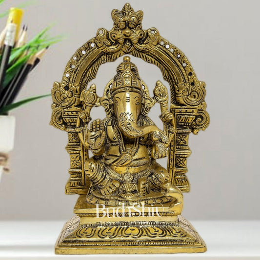 Beautiful Brass Ganesha Statue with Prabhavali - Divine Seated Idol 7"