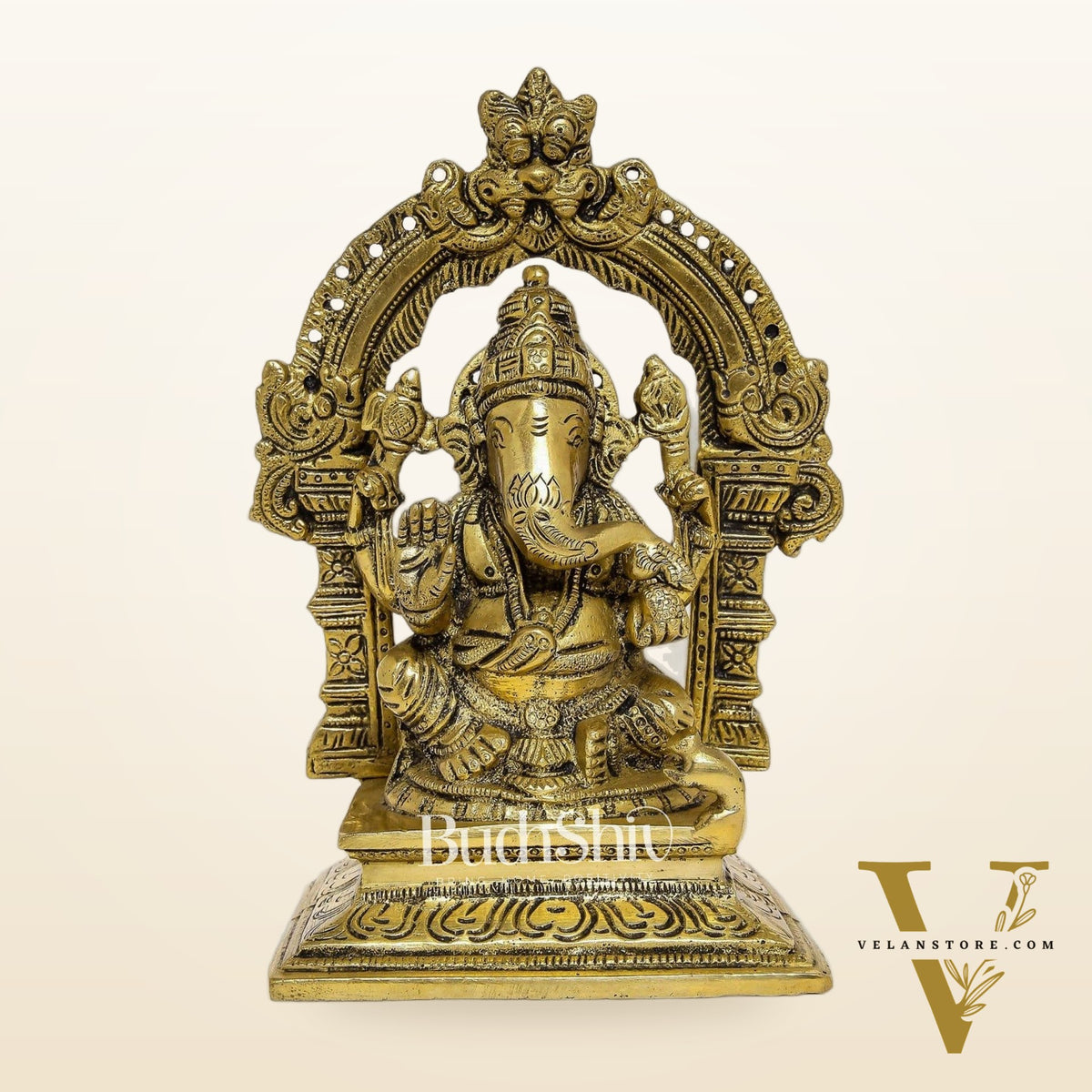 Beautiful Brass Ganesha Statue with Prabhavali - Divine Seated Idol 7"