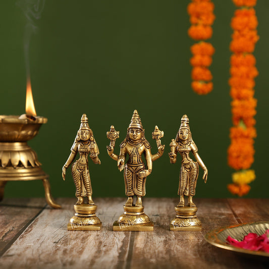 Beautiful Brass Lord Balaji Statue with Bhudevi and Sridevi | 5" Height