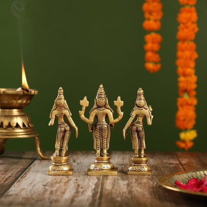 Beautiful Brass Lord Balaji Statue with Bhudevi and Sridevi | 5" Height