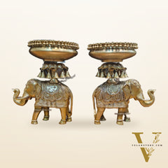 Beautiful Brass Urli with Engraved Elephant Pair set of 2