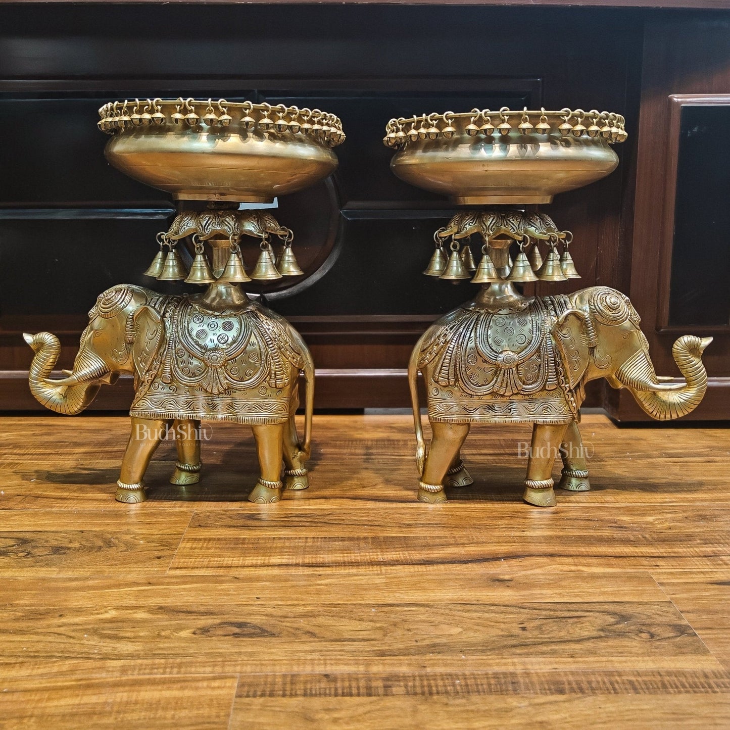 Beautiful Brass Urli with Engraved Elephant Pair set of 2
