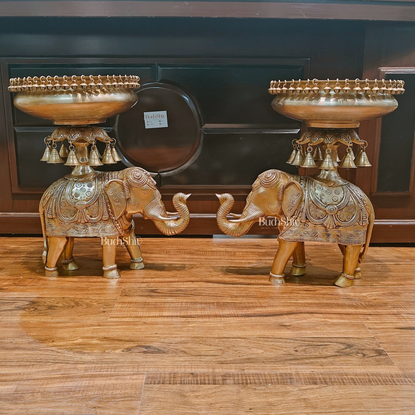 Beautiful Brass Urli with Engraved Elephant Pair set of 2