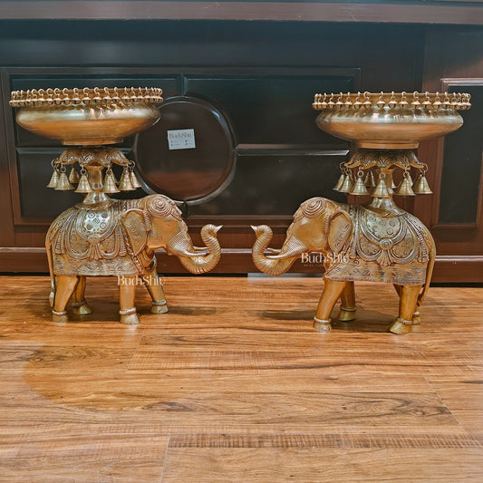 Beautiful Brass Urli with Engraved Elephant Pair set of 2