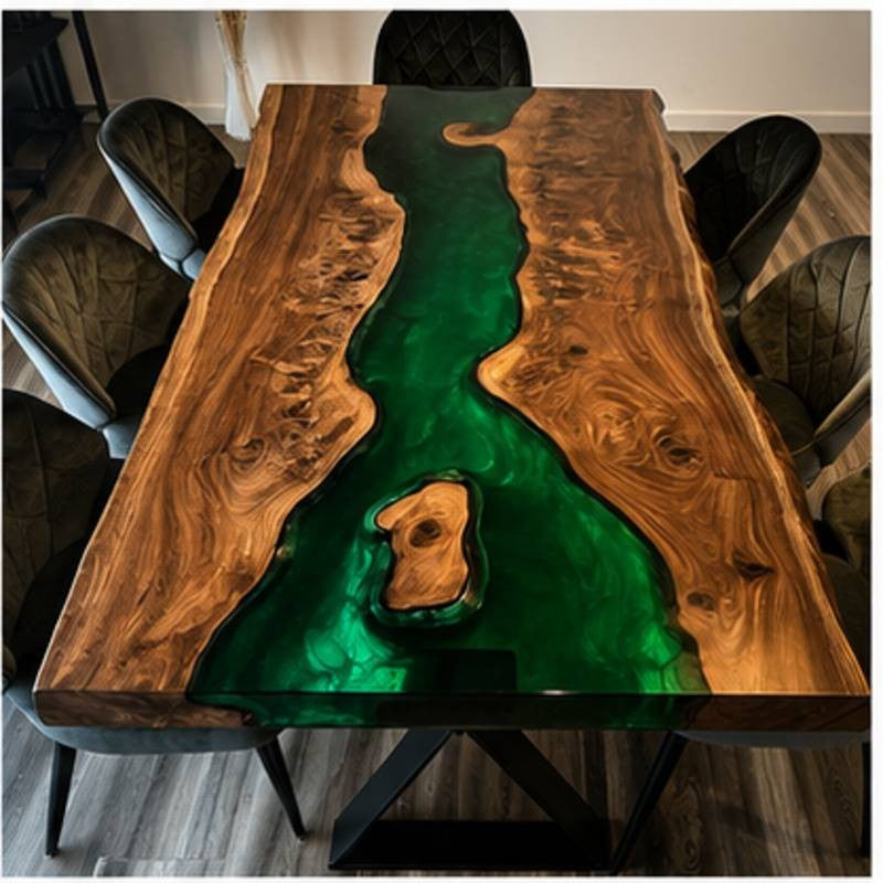Handmade Live Edge Epoxy Resin Dining Table, Green River Dining Table for Modern Kitchen & Dining Area, Live Edge Natural Wood Artistic Top