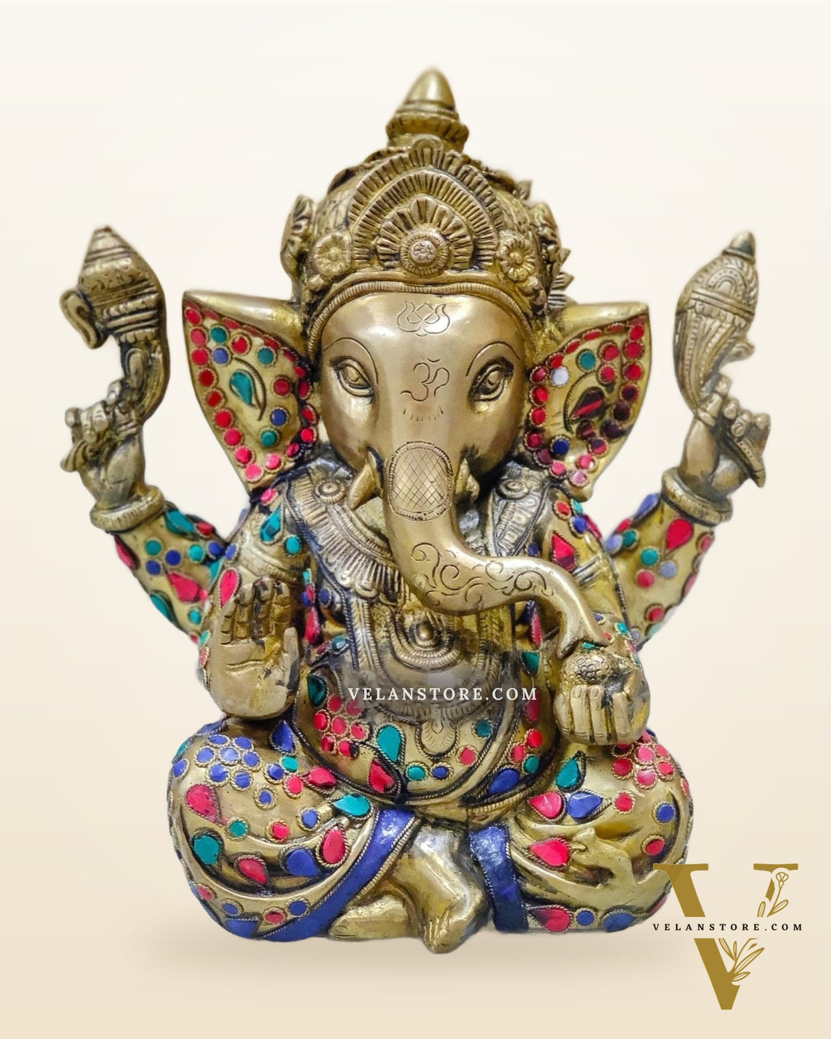 Beautiful Taj Ganesha Statue Handcrafted in Fine Brass with Stonework 9 inches
